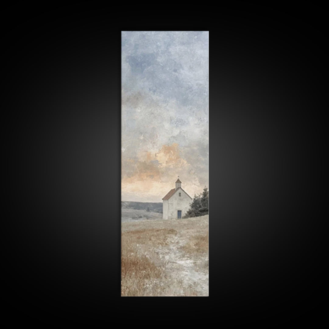 Meadow Chapel Light – Framed Canvas Print – Christian Wall Art – Christian Art Canvas – Vintage Christian Art – Narrow Art – Christian Deco