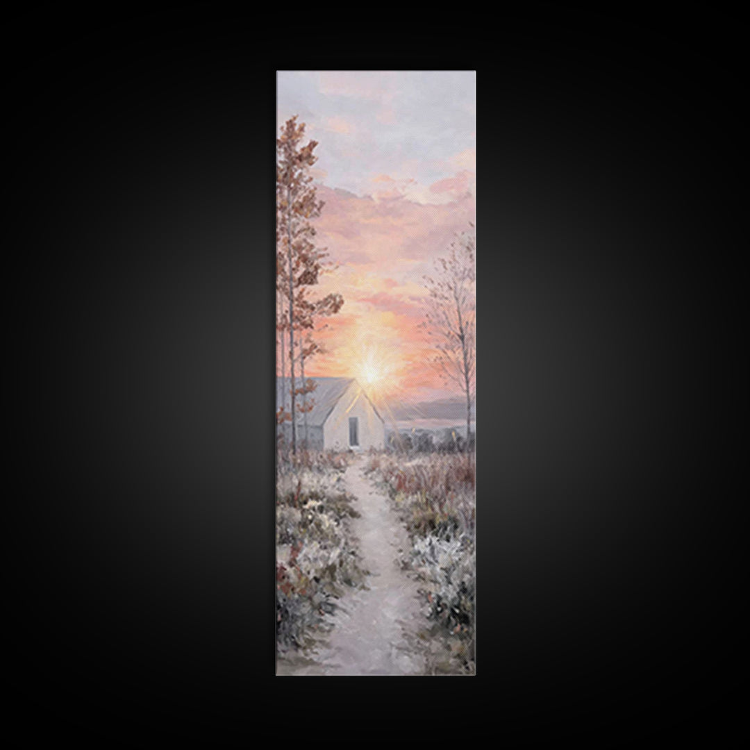 Dawn Chapel Path – Framed Canvas Print – Christian Wall Art – Christian Christmas Art – Christian Art Canvas – Skinny Art – Christmas Art