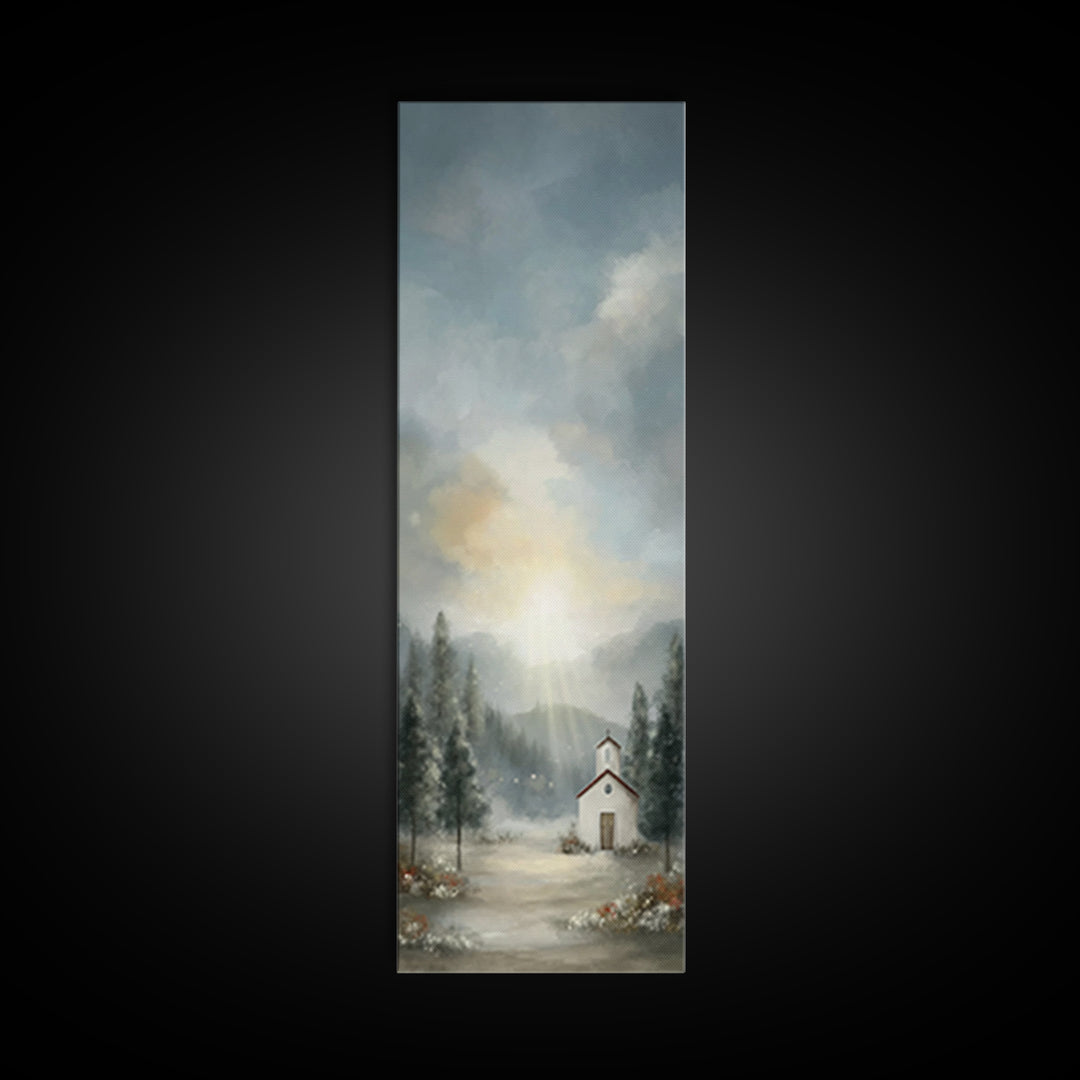 Mountain Chapel Radiance – Framed Canvas Print – Christian Art Canvas – Christian Christmas Art – Christmas Wall Art – Narrow Art – Framed