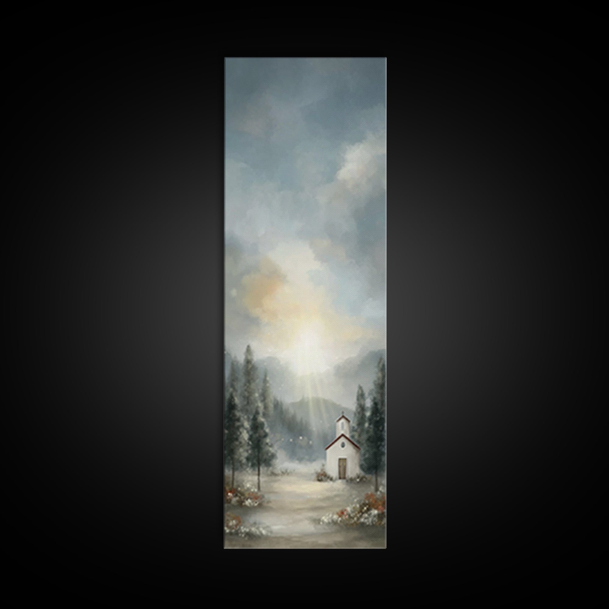 Mountain Chapel Radiance – Framed Canvas Print – Christian Art Canvas – Christian Christmas Art – Christmas Wall Art – Narrow Art – Framed