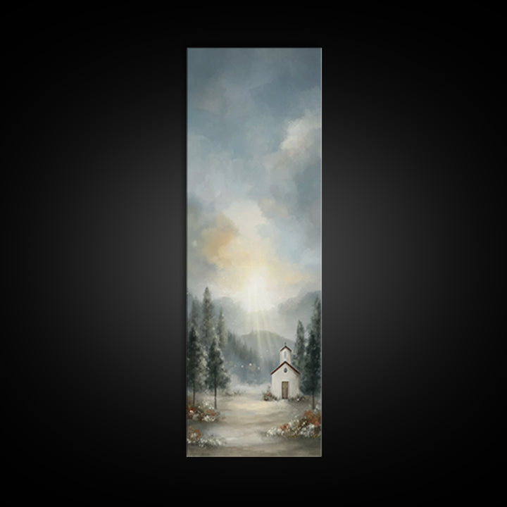 Mountain Chapel Radiance – Framed Canvas Print – Christian Art Canvas – Christian Christmas Art – Christmas Wall Art – Narrow Art – Framed