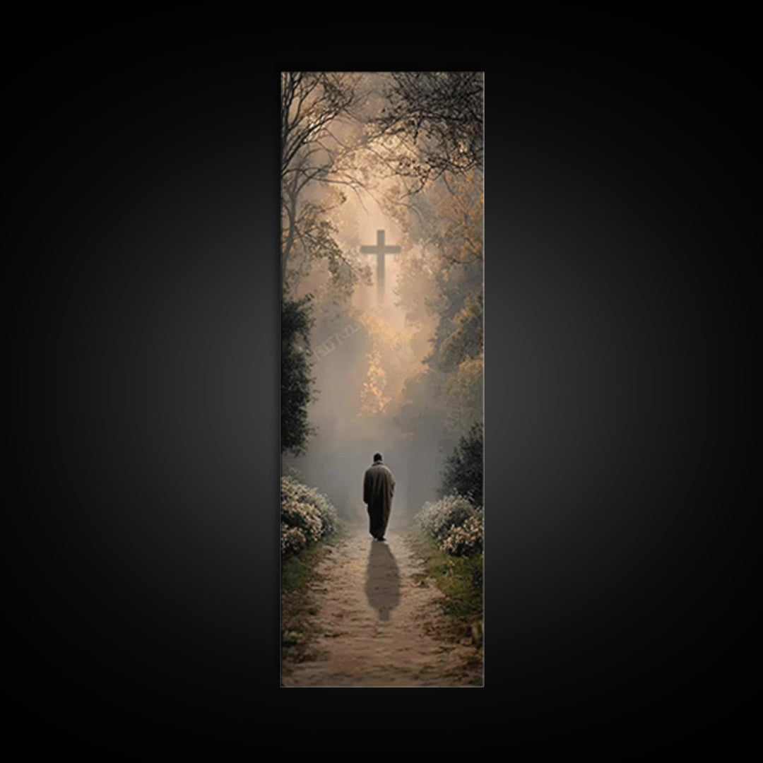 Forest Cross Path – Framed Canvas Print – Christian Christmas Art – Christian Wall Art – Christian Art Canvas – Tall Skinny Art Print – Chr