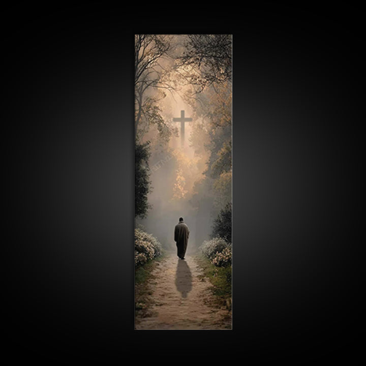 Forest Cross Path – Framed Canvas Print – Christian Christmas Art – Christian Wall Art – Christian Art Canvas – Tall Skinny Art Print – Chr