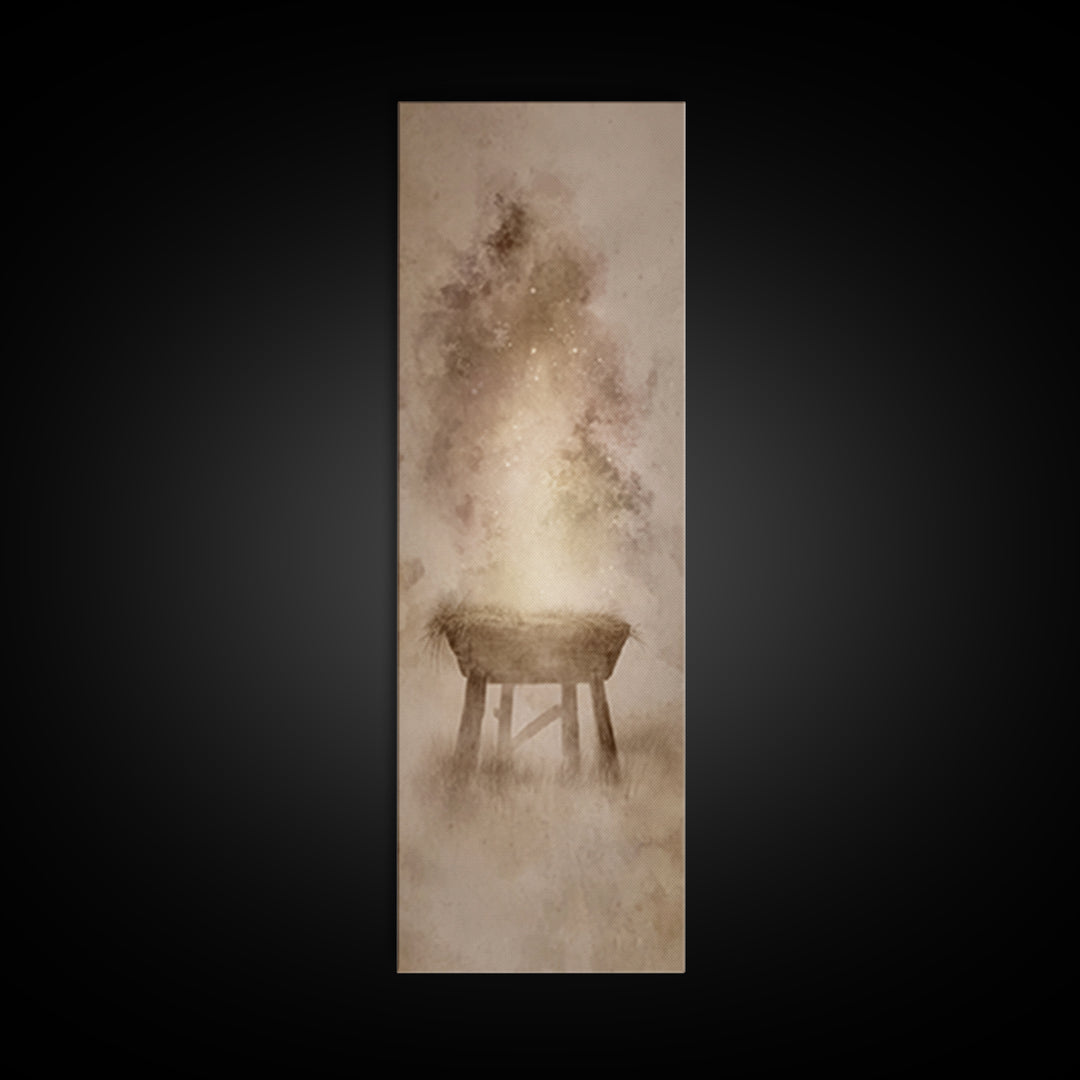 Manger Of Light, Framed Canvas Print, Christian Wall Art, Tall Narrow Wall Art, Christmas Art Prints, Christian Christmas Art, Unique Chris