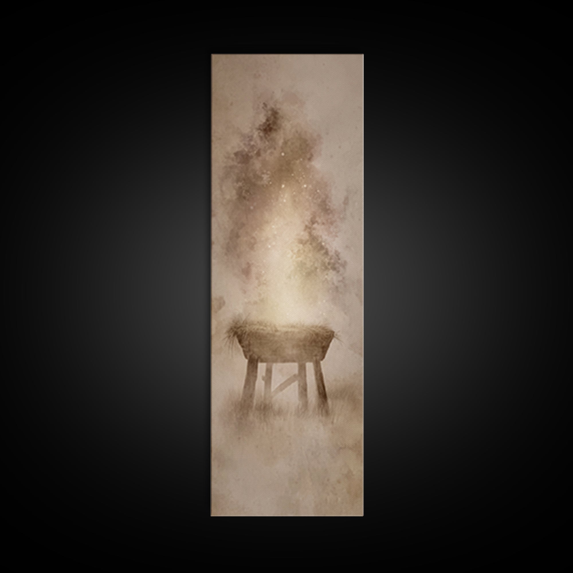 Manger Of Light, Framed Canvas Print, Christian Wall Art, Tall Narrow Wall Art, Christmas Art Prints, Christian Christmas Art, Unique Chris