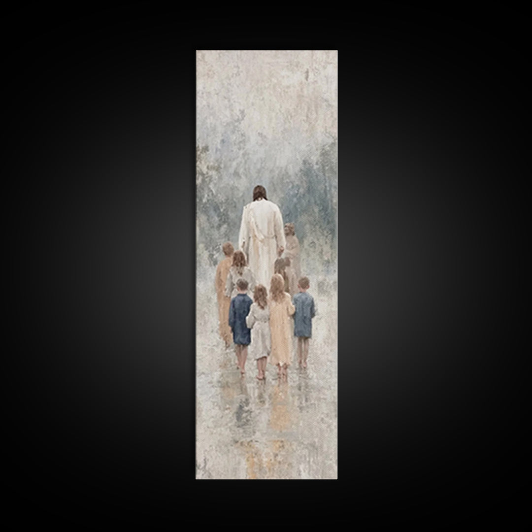 Walking With Jesus | Framed Canvas Print | Tall Narrow Wall Art | Christian Art Print | Jesus Painting | Christian Decor | Subtle Christian