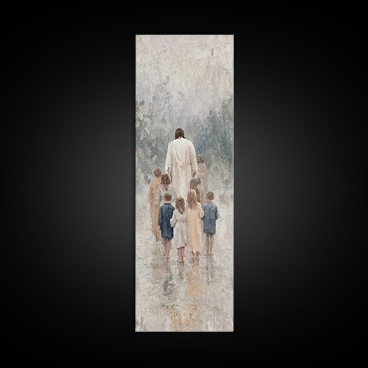Walking With Jesus | Framed Canvas Print | Tall Narrow Wall Art | Christian Art Print | Jesus Painting | Christian Decor | Subtle Christian