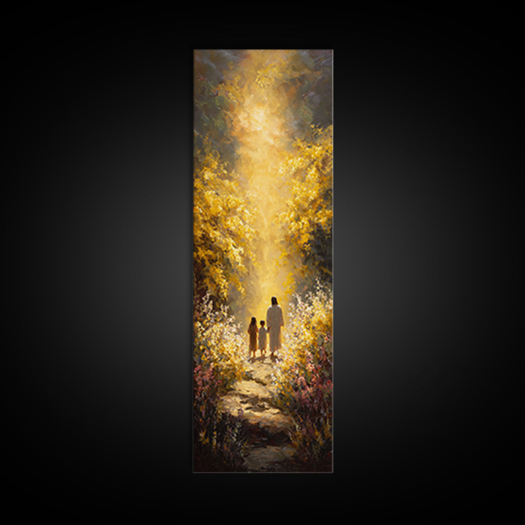 Golden Way Home – Framed Canvas Print – Narrow Art – Christian Christmas Art – Jesus Painting – Christian Wall Art – Christian Art Print