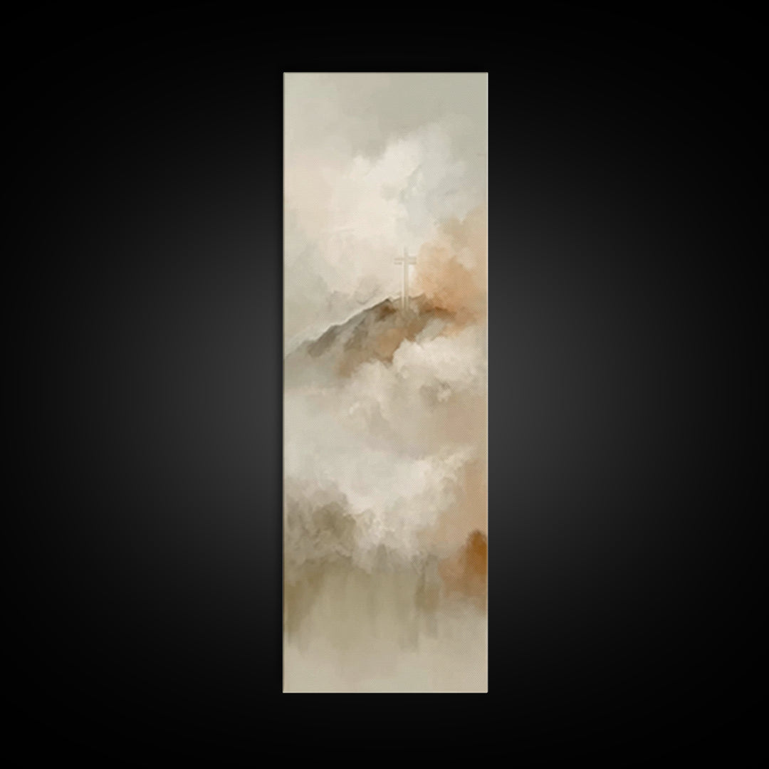 Hopeful Summit Cross – Framed Canvas Print – Narrow Art – Christian Art Canvas – Christian Painting – Christian Wall Art – Christmas Art