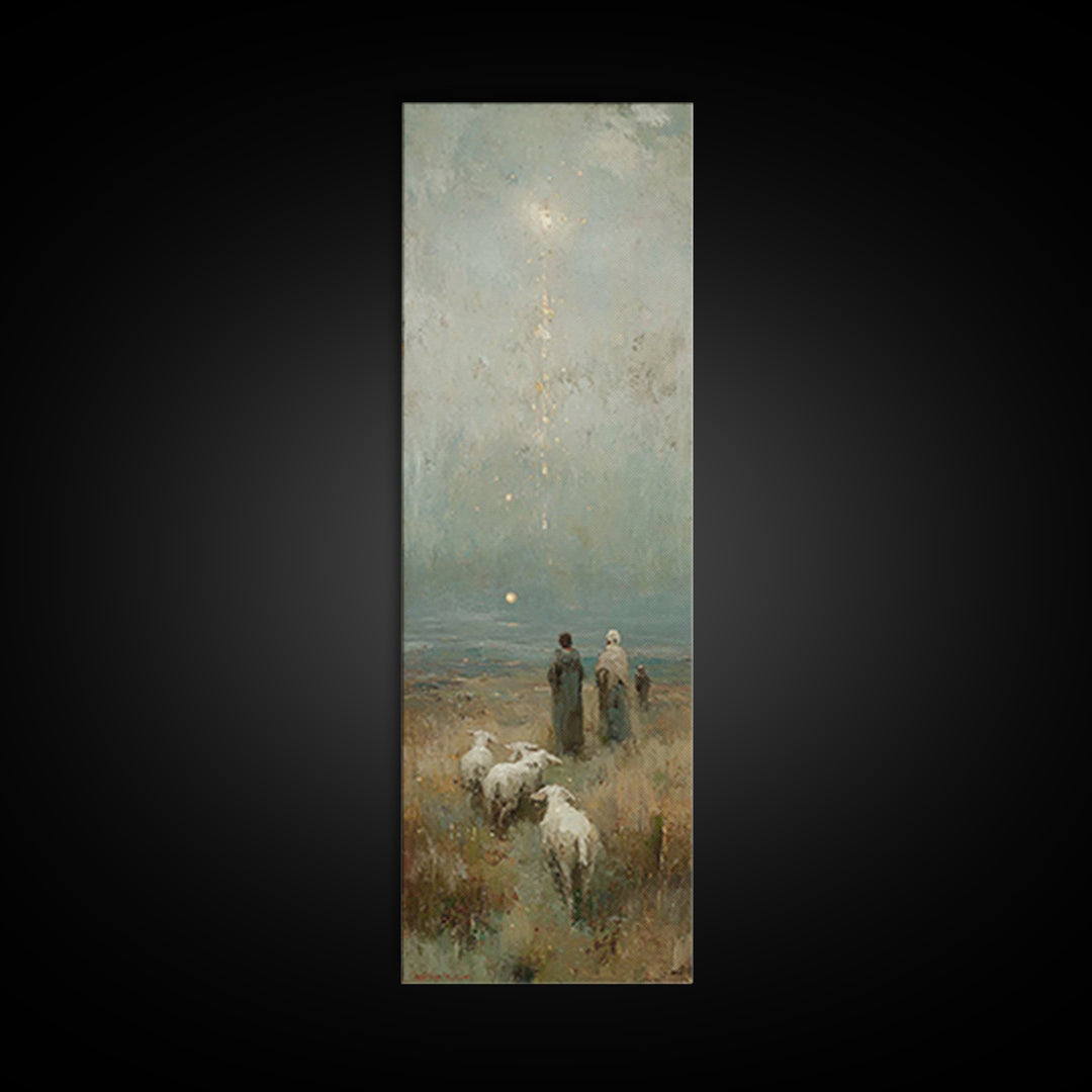Shepherds At Dawn - Framed Canvas Print - Jesus Painting - Christian Art Canvas - Christian Christmas Art - Narrow Art - Christian Wall Art