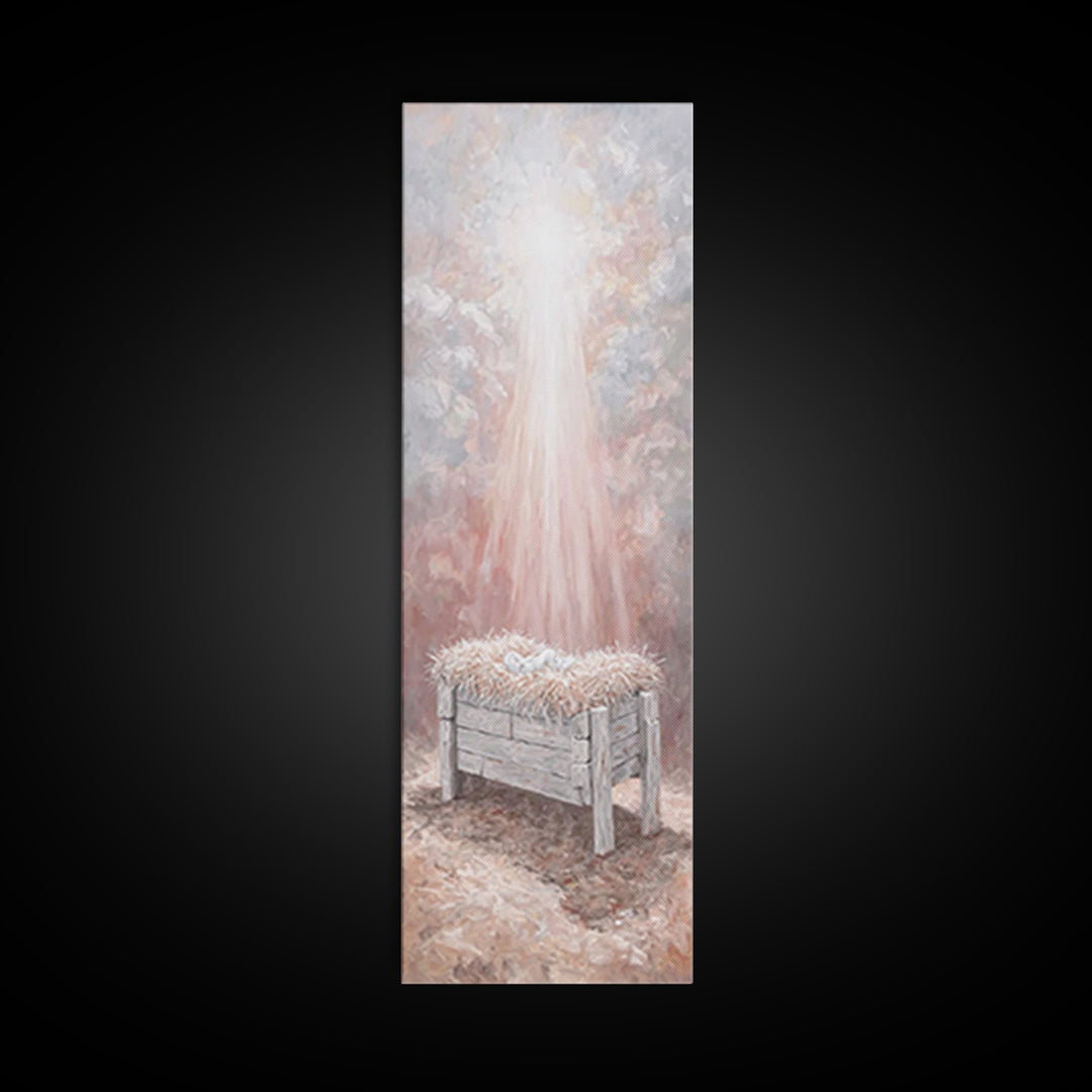 Humble Manger Glow - Framed Canvas Print - Christian Art Canvas - Christian Wall Art - Jesus Painting - Narrow Art - Christian Christmas Ar