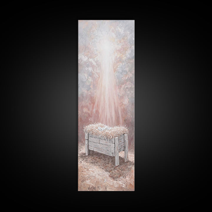 Humble Manger Glow - Framed Canvas Print - Christian Art Canvas - Christian Wall Art - Jesus Painting - Narrow Art - Christian Christmas Ar