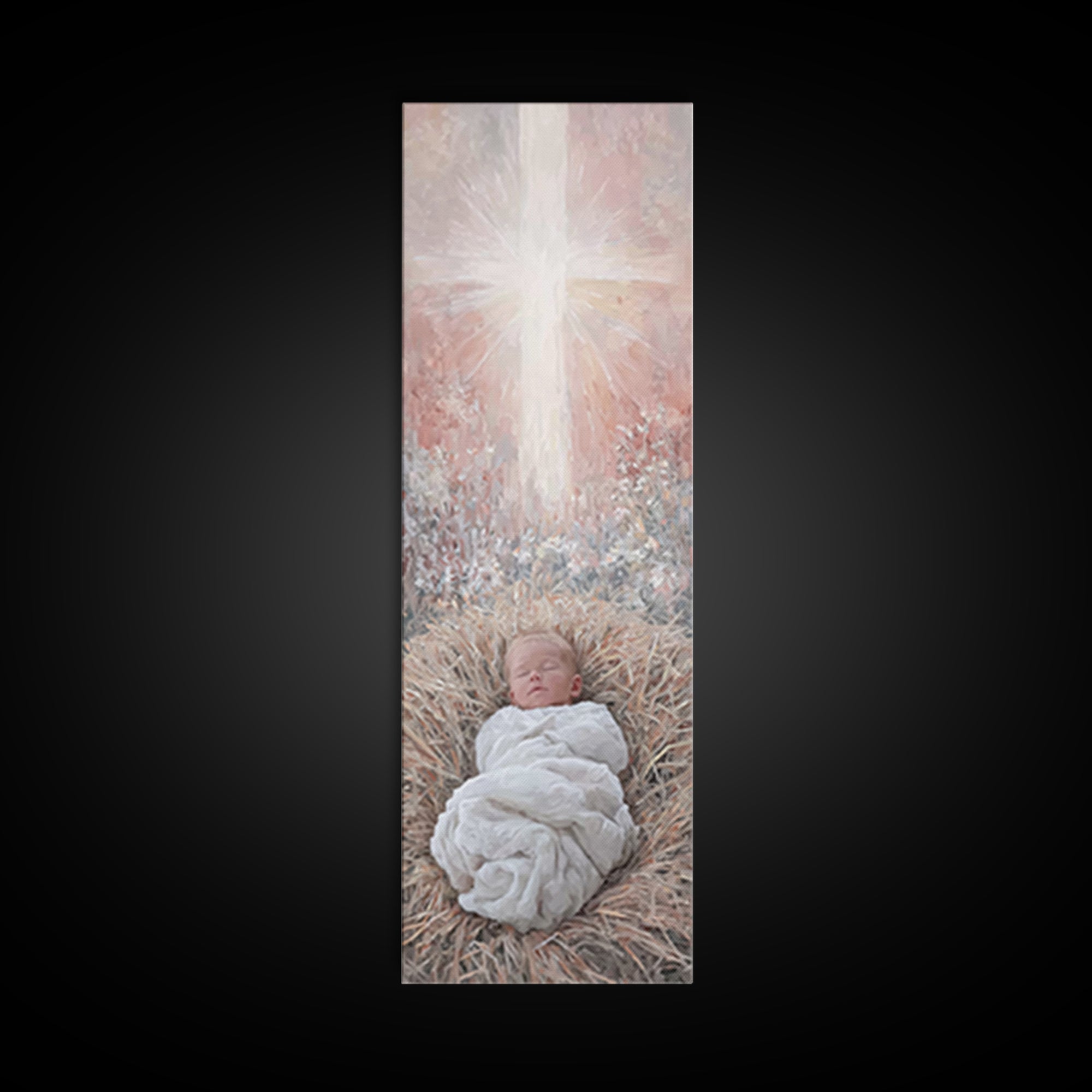 Sacred Manger Light | Framed Canvas Print | Christian Art Canvas | Christian Wall Art | Jesus Painting | Skinny Art