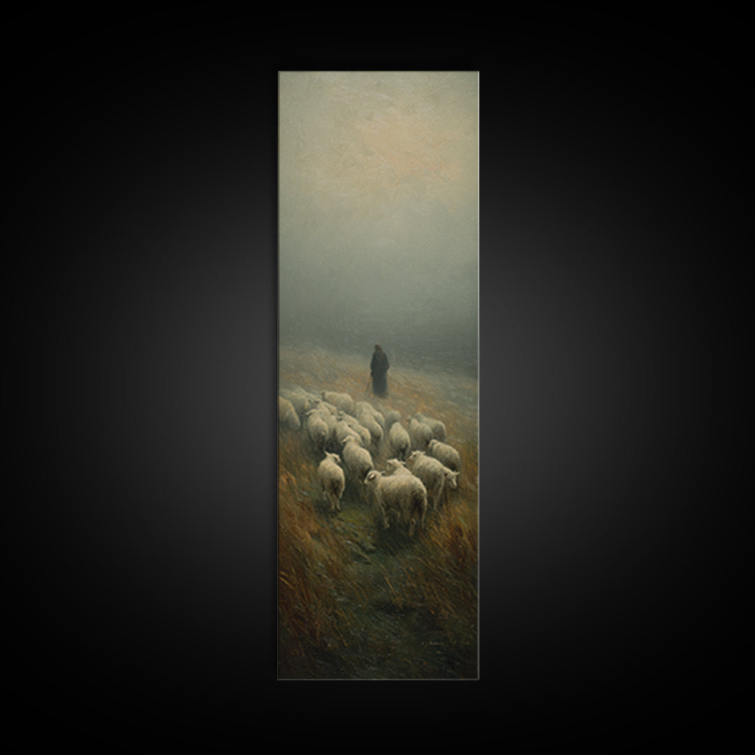 Misty Shepherd Peace, Framed Canvas Print, Christian Wall Art, Skinny Art, Jesus Painting, Christian Art Canvas, Christmas Art, Christian D