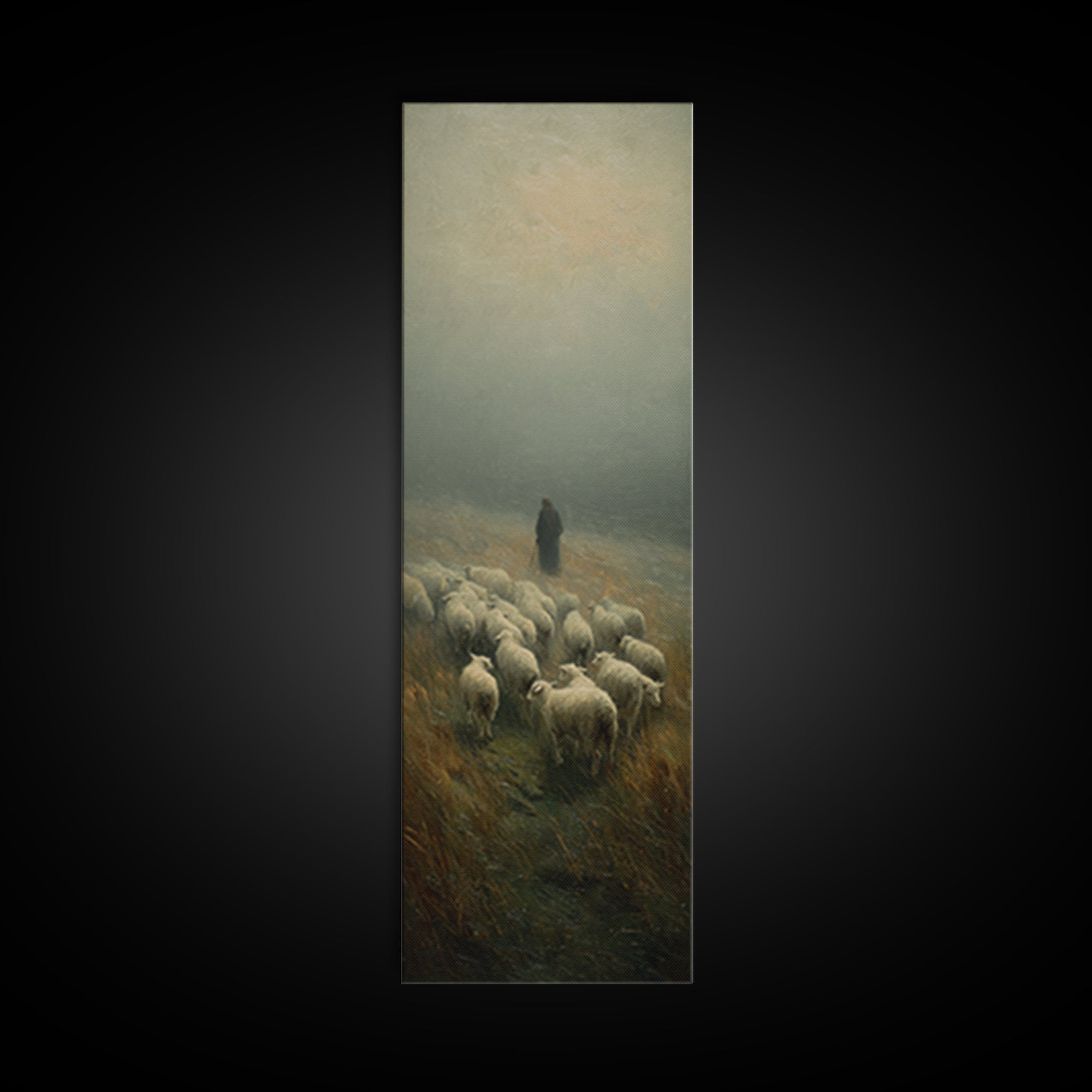 Misty Shepherd Peace, Framed Canvas Print, Christian Wall Art, Skinny Art, Jesus Painting, Christian Art Canvas, Christmas Art, Christian D