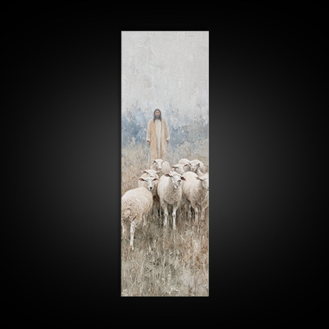 Shepherd’s Calm Journey | Framed Canvas Print | Christian Art Canvas | Tall Skinny Art Print | Jesus Painting | Christian Christmas Art | C