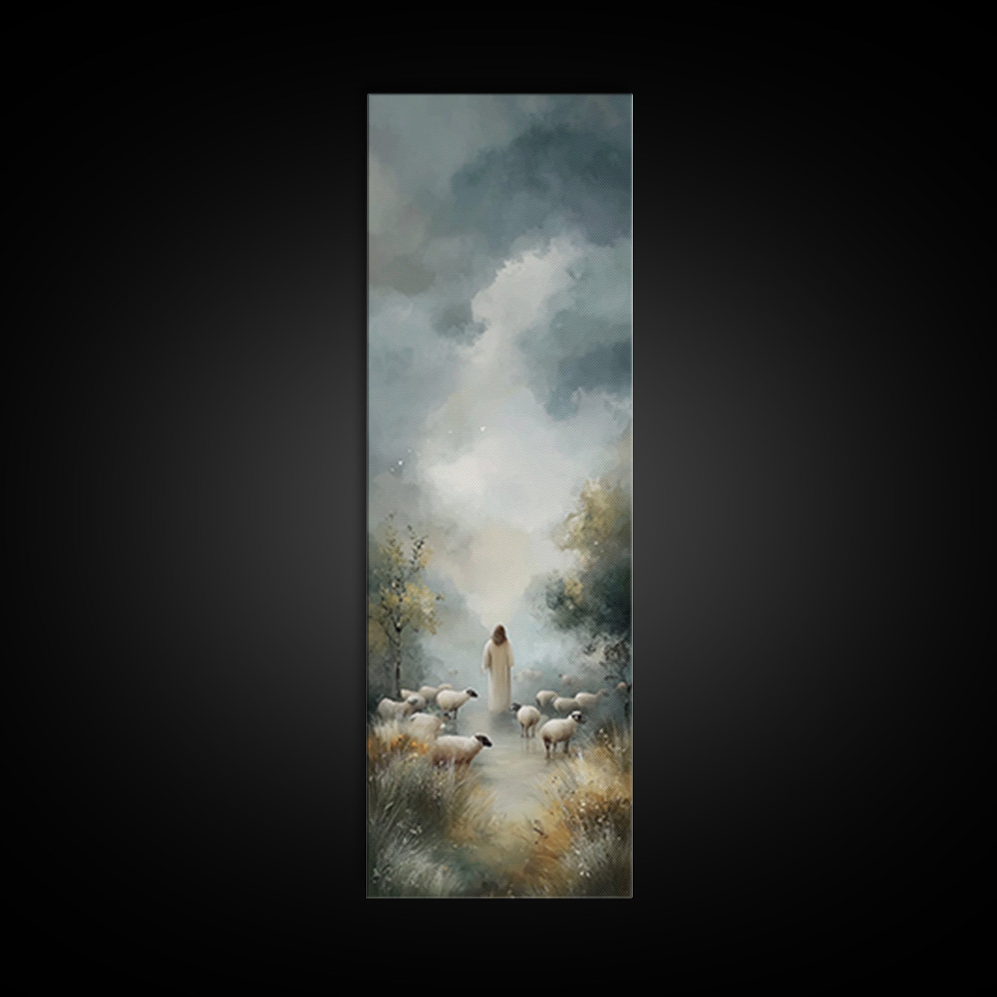 Cloudbound Shepherd – Framed Canvas Print – Christian Wall Art – Jesus Painting – Christian Art Canvas – Tall Skinny Art Print – Christian
