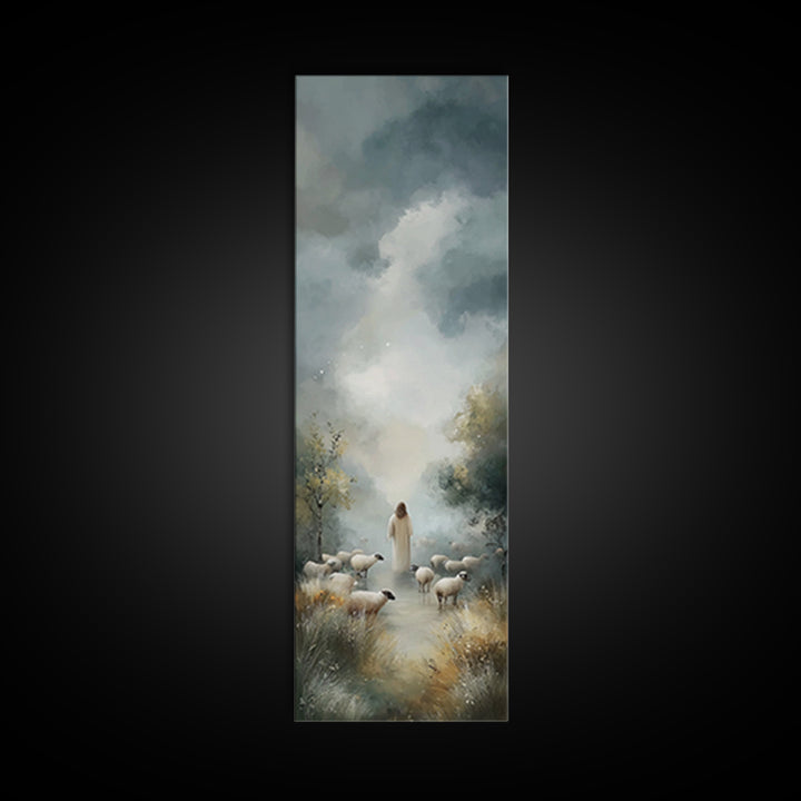 Cloudbound Shepherd – Framed Canvas Print – Christian Wall Art – Jesus Painting – Christian Art Canvas – Tall Skinny Art Print – Christian
