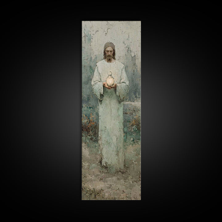 Hushed Lantern Grace – Framed Canvas Print – Narrow Art – Christian Wall Art – Christian Art Canvas – Jesus Painting – Skinny Art – Large C