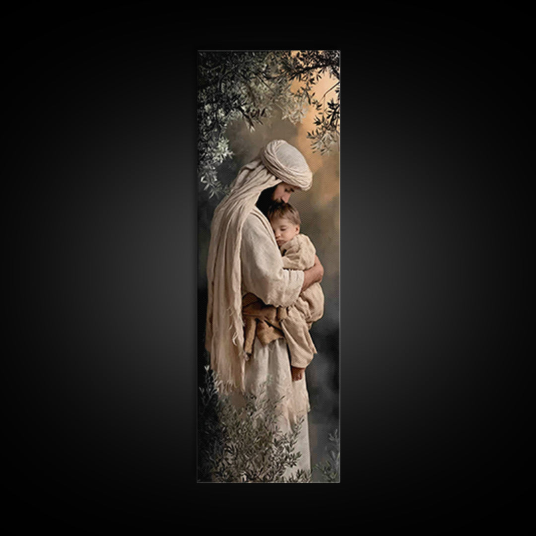 Shepherd’s Quiet Hold | Framed Canvas Print | Christian Wall Art | Jesus Painting | Christian Art Print | Tall Skinny Art Print | Christian