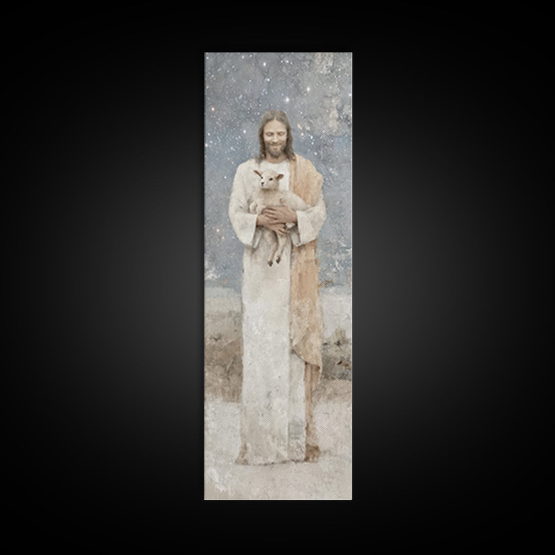 Gentle Shepherd Light – Framed Canvas Print – Christian Wall Art – Jesus Painting – Tall Narrow Wall Art – Christian Art Canvas
