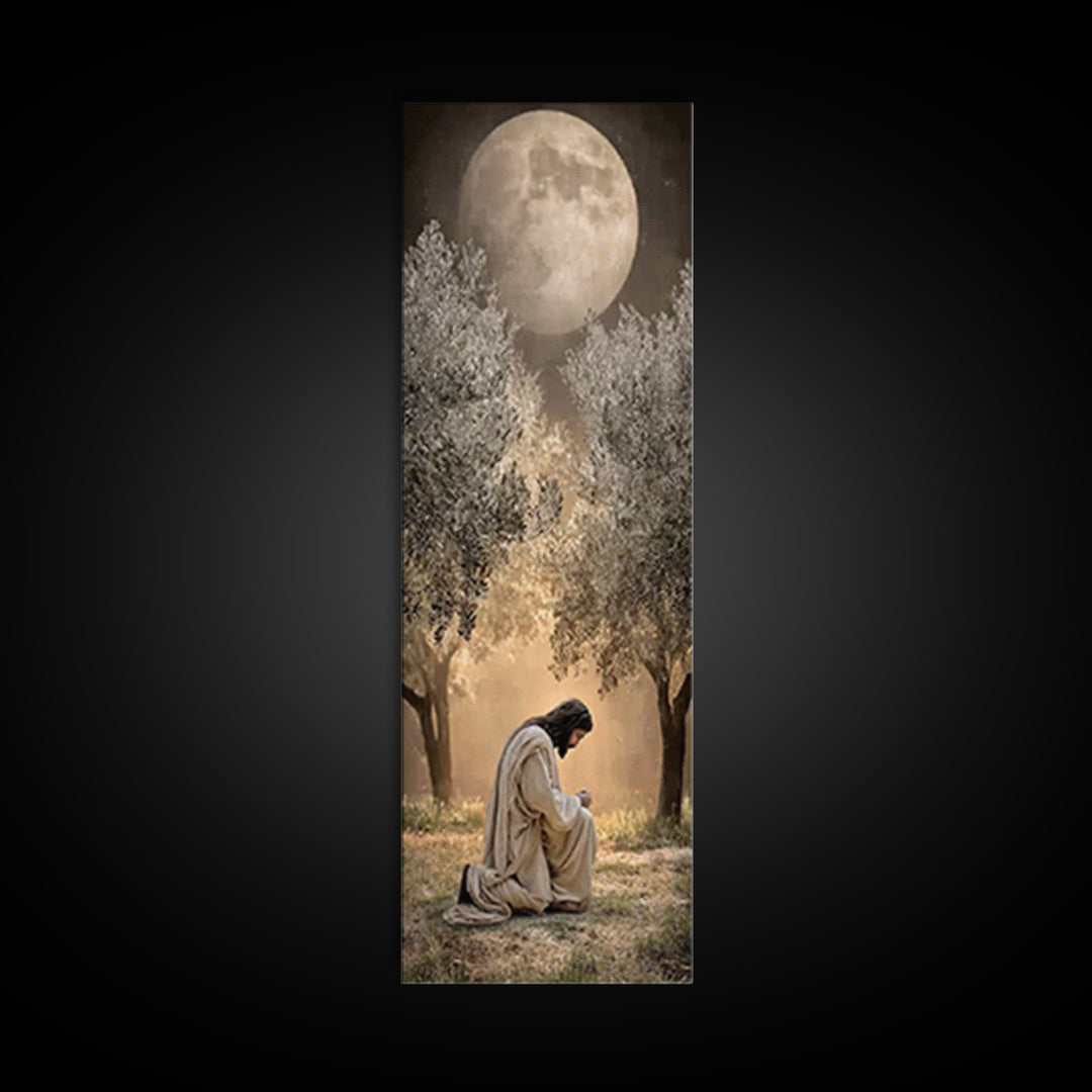 Moonlit Garden Prayer – Framed Canvas Print – Christian Wall Art – Jesus Painting – Tall Narrow Wall Art – Christian Art Canvas