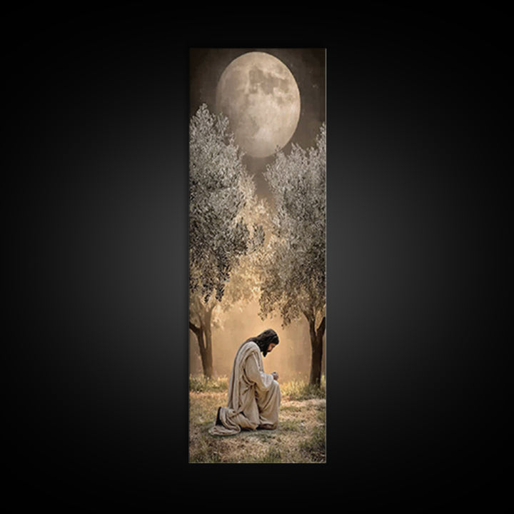 Moonlit Garden Prayer – Framed Canvas Print – Christian Wall Art – Jesus Painting – Tall Narrow Wall Art – Christian Art Canvas
