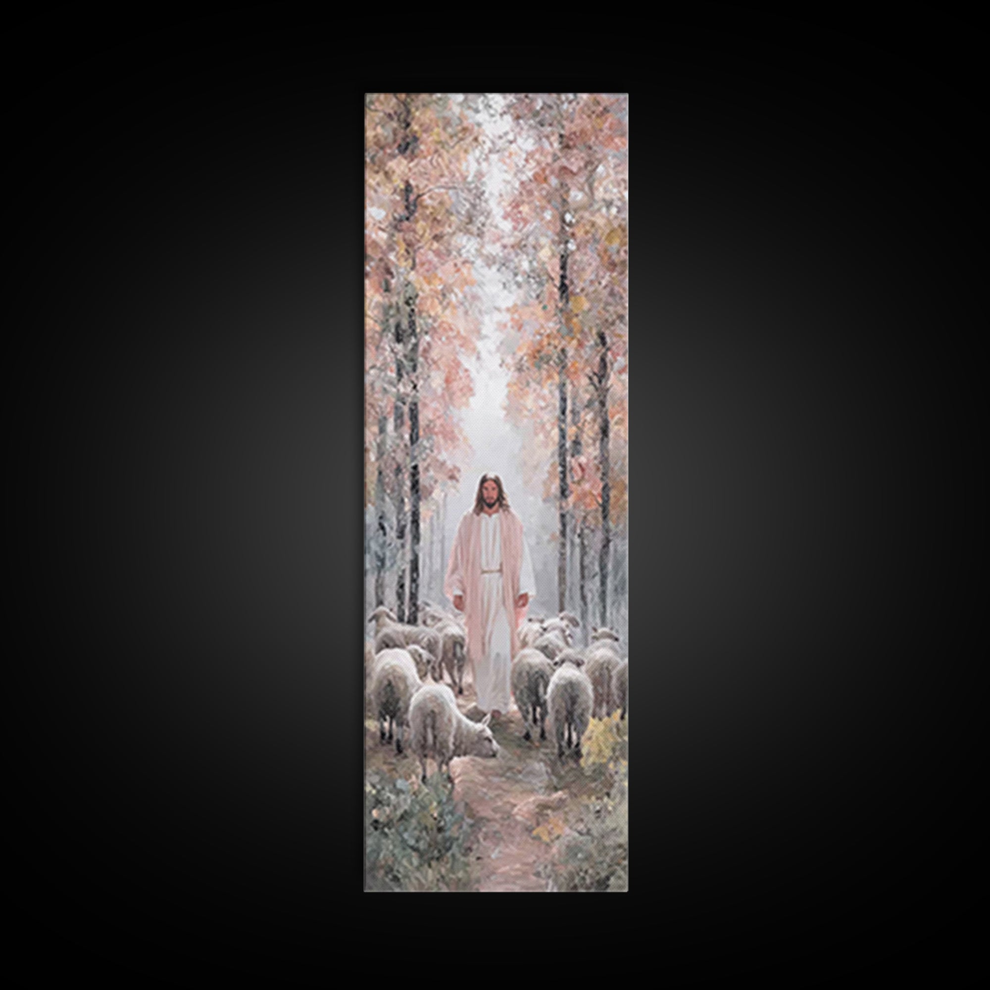 Autumn Shepherd Path – Framed Canvas Print – Tall Skinny Art Print – Christian Painting – Jesus Art Print – Christian Wall Art