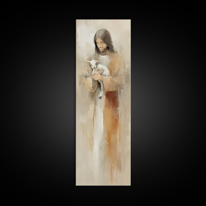 Gentle Shepherd Care – Framed Canvas Print – Jesus Painting – Christian Art – Tall Skinny Art Print – Christian Wall Art – Christmas Art
