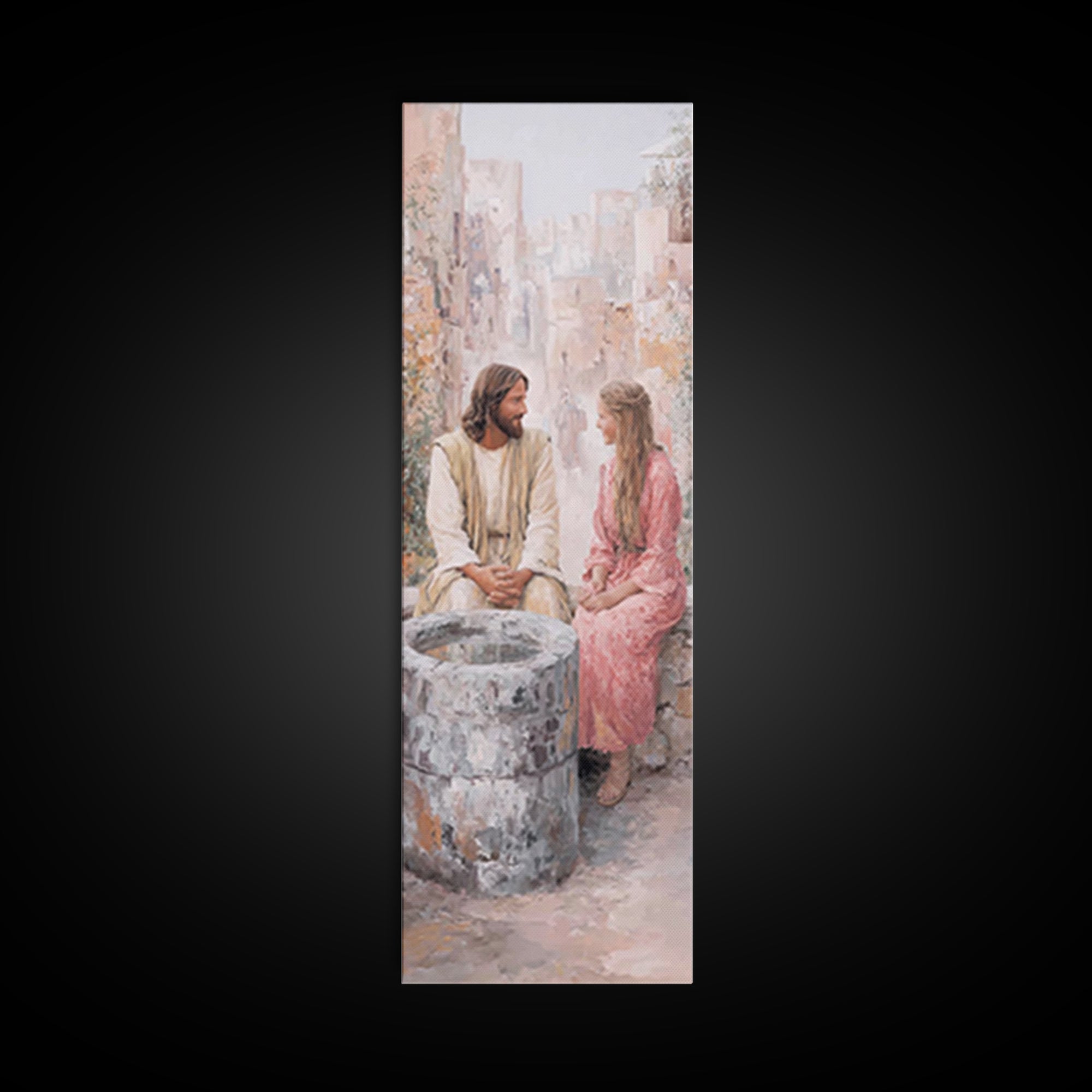 Timeless Well Gathering – Framed Canvas Print – Tall Narrow Wall Art – Jesus Painting – Christian Art Canvas – Christian Wall Art – Christi