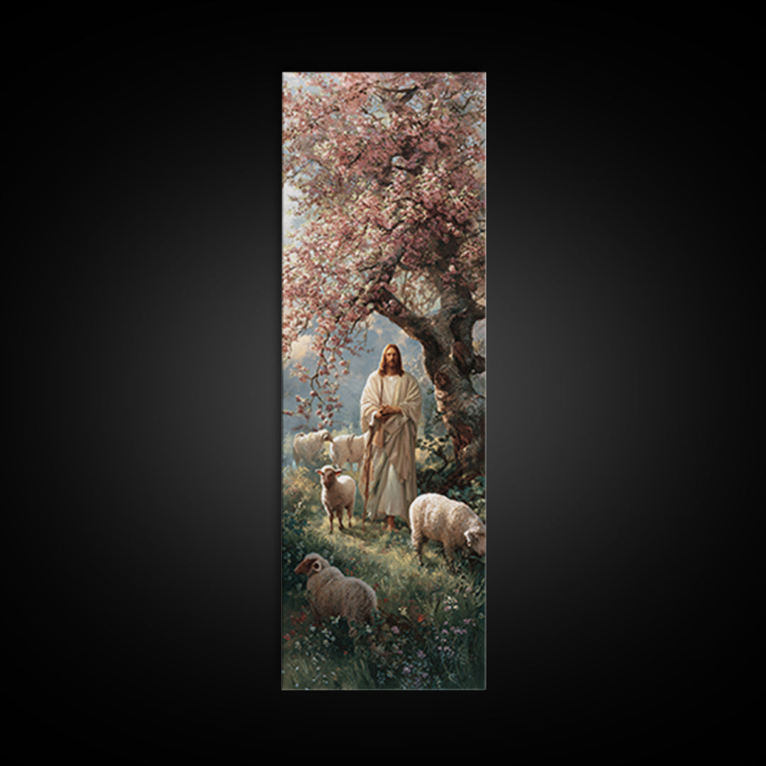 Blossom Shepherd Path – Framed Canvas Print – Narrow Art – Christian Art Canvas – Jesus Painting – Christian Wall Art – Christian Christmas