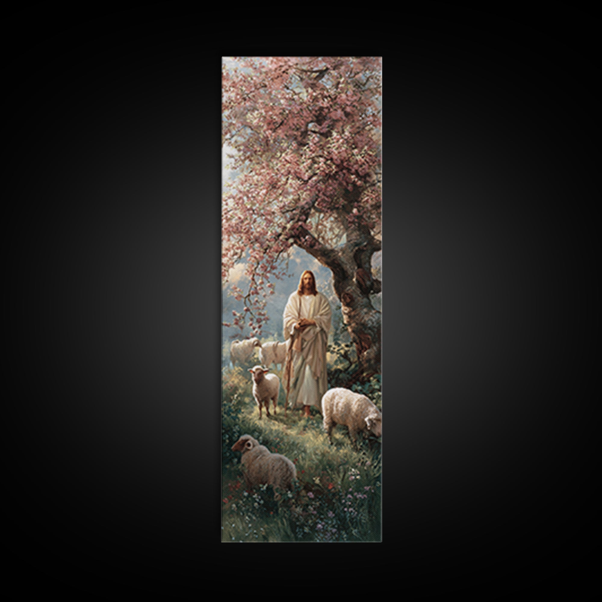 Blossom Shepherd Path – Framed Canvas Print – Narrow Art – Christian Art Canvas – Jesus Painting – Christian Wall Art – Christian Christmas