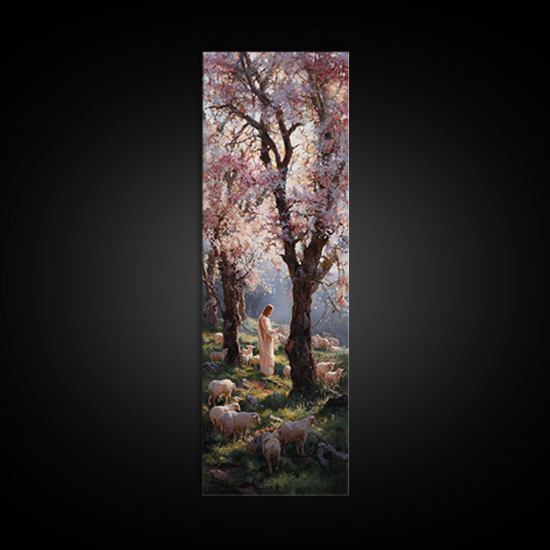 Spring Shepherd Grace – Framed Canvas Print – Tall Narrow Wall Art – Christian Art Canvas – Christian Wall Art – Jesus Painting – Christian
