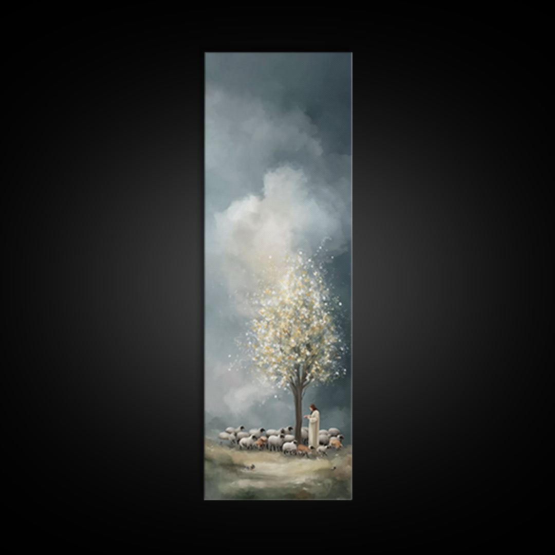 Golden Pasture Peace - Framed Canvas Print - Christian Wall Art - Jesus Painting - Narrow Art - Christian Art Canvas