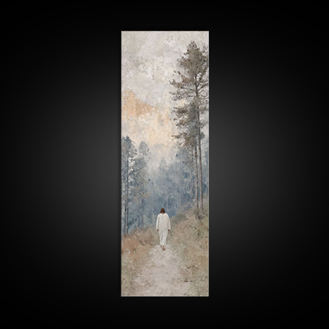 Forest Dawn Walk - Framed Canvas Print - Christian Art Canvas - Jesus Painting - Tall Skinny Art Print - Christian Wall Art