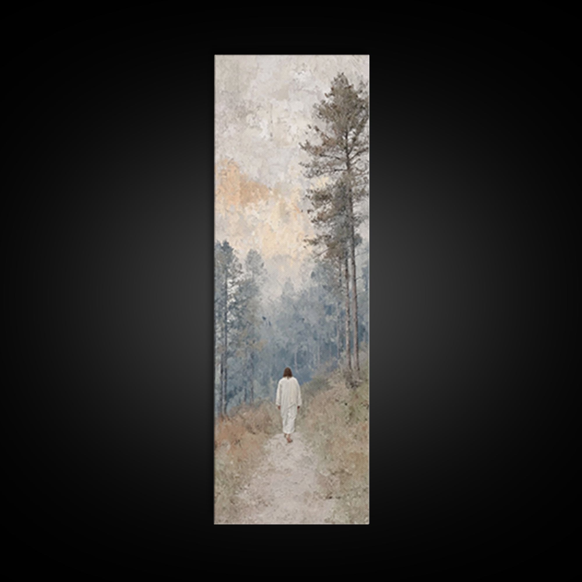 Forest Dawn Walk - Framed Canvas Print - Christian Art Canvas - Jesus Painting - Tall Skinny Art Print - Christian Wall Art