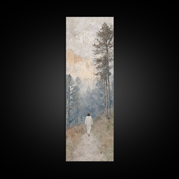 Forest Dawn Walk - Framed Canvas Print - Christian Art Canvas - Jesus Painting - Tall Skinny Art Print - Christian Wall Art