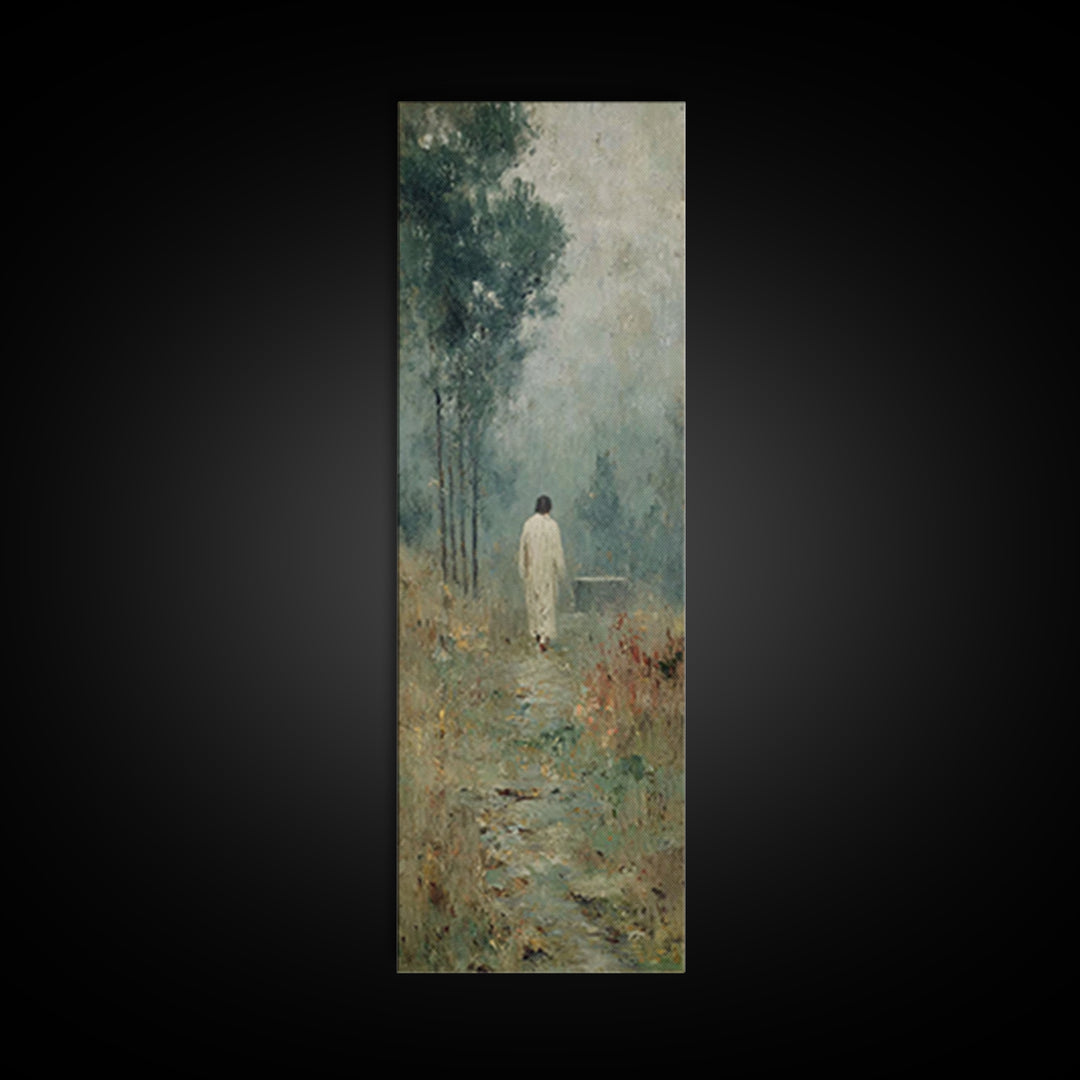 Quiet Meadow Walk, Framed Canvas Print, Christian Wall Art, Jesus Painting, Tall Skinny Art Print, Christian Art Canvas