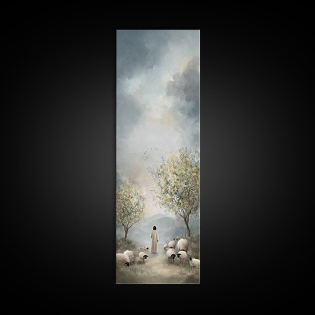 Peaceful Pasture Light – Framed Canvas Print – Tall Skinny Art Print – Christian Art Canvas – Christian Wall Art – Jesus Painting – Christi