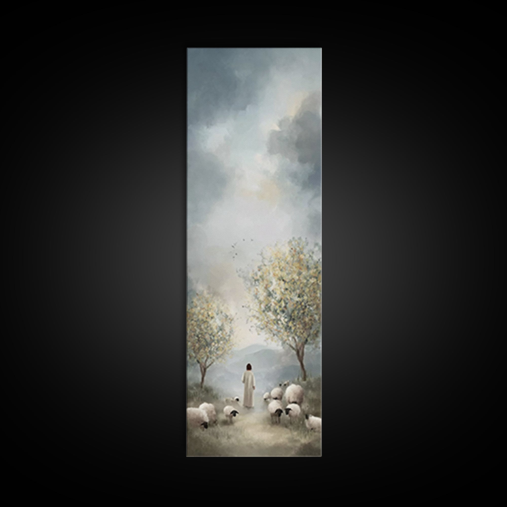 Peaceful Pasture Light – Framed Canvas Print – Tall Skinny Art Print – Christian Art Canvas – Christian Wall Art – Jesus Painting – Christi