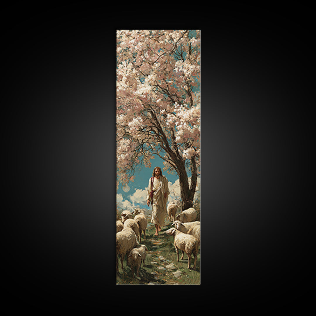 Garden Of The Shepherd – Framed Canvas Print – Narrow Art – Jesus Painting – Christian Wall Art – Christian Art Canvas – Christian Art