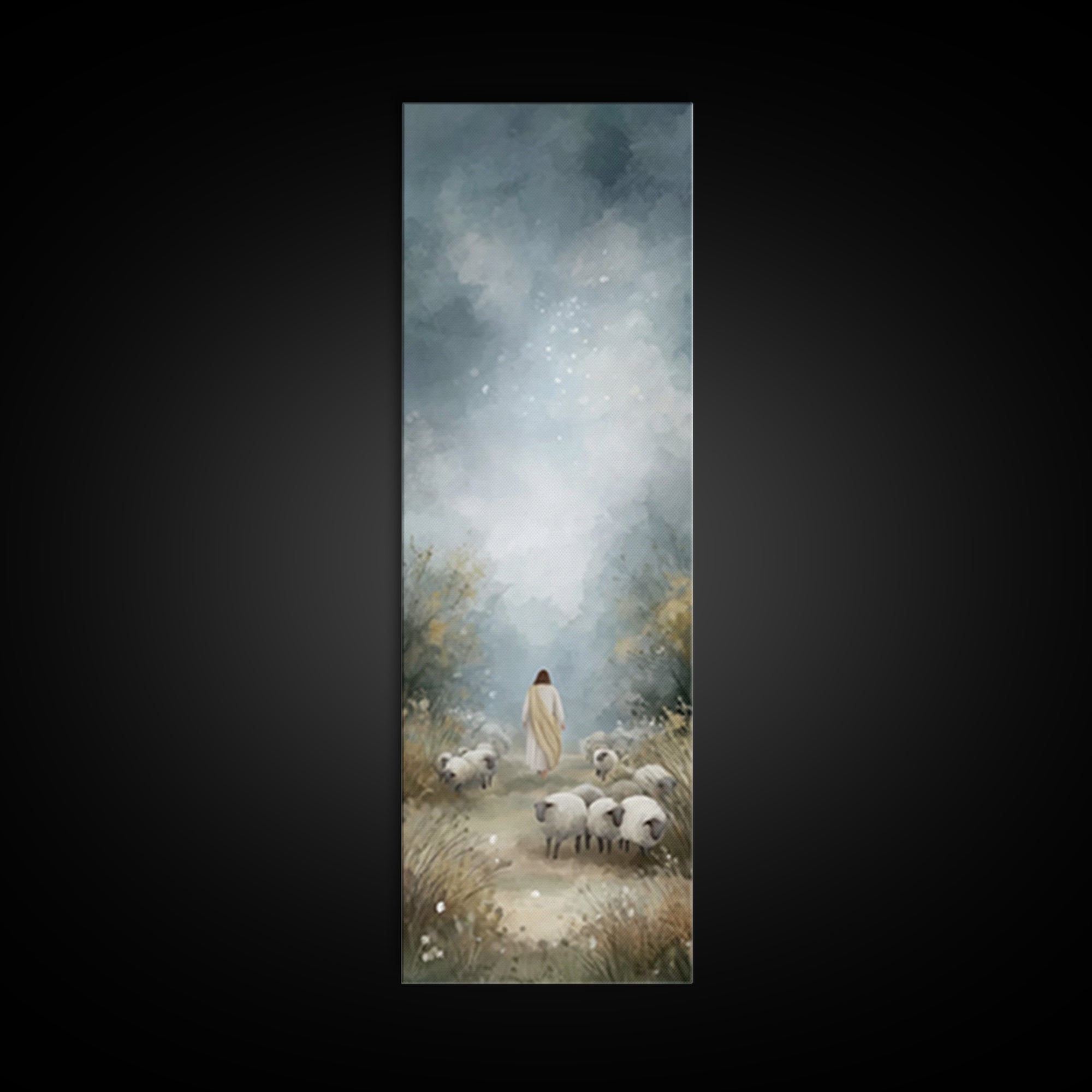Heavenly Pasture Light, Framed Canvas Print, Tall Skinny Art Print, Christian Art Canvas, Christian Wall Art, Jesus Painting, Christmas Art