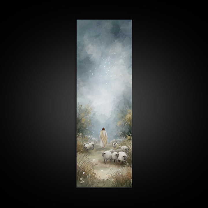Heavenly Pasture Light, Framed Canvas Print, Tall Skinny Art Print, Christian Art Canvas, Christian Wall Art, Jesus Painting, Christmas Art