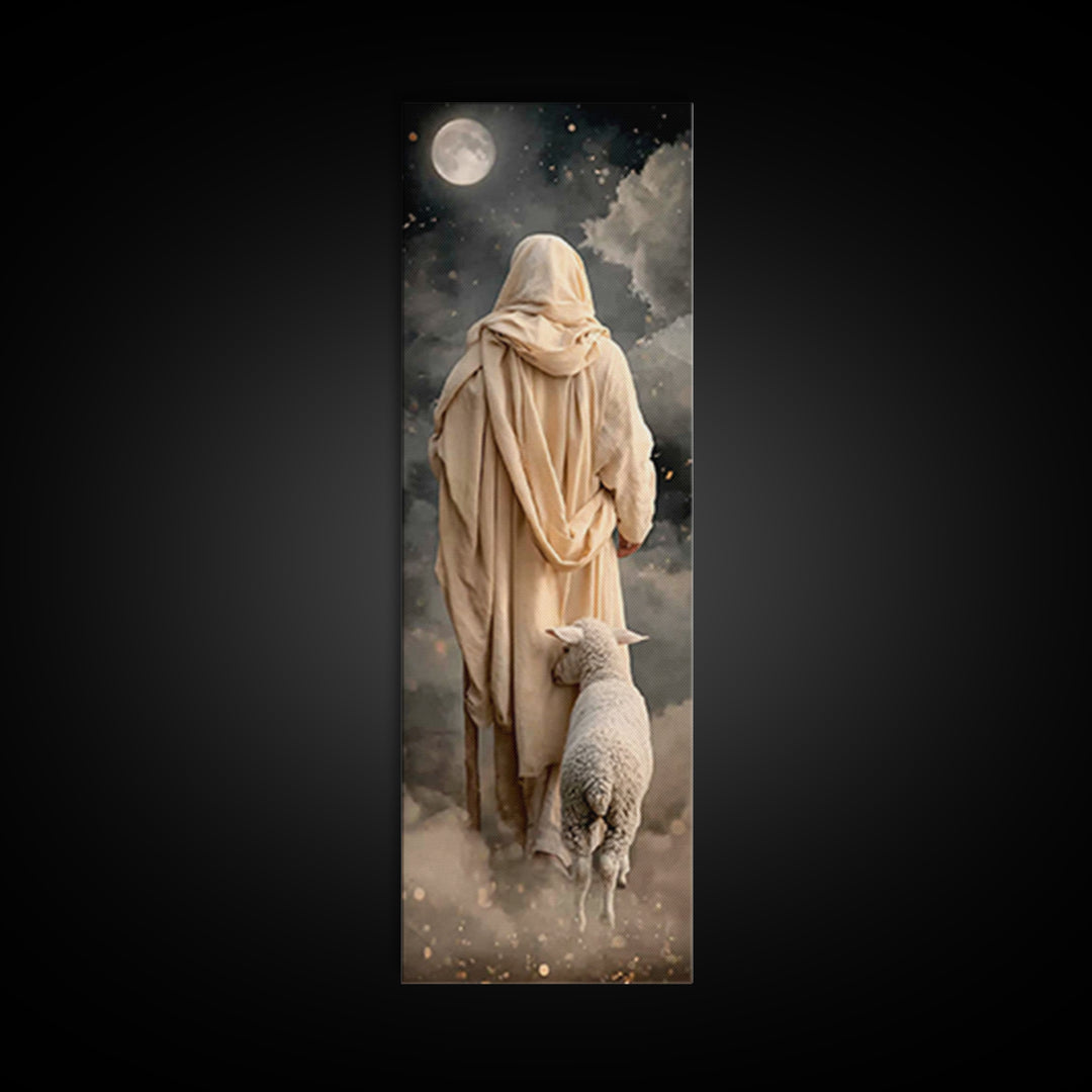 Moonlit Shepherd Walk | Framed Canvas Print | Narrow Art | Christian Wall Art | Jesus Painting | Christian Art Canvas | Christian Art