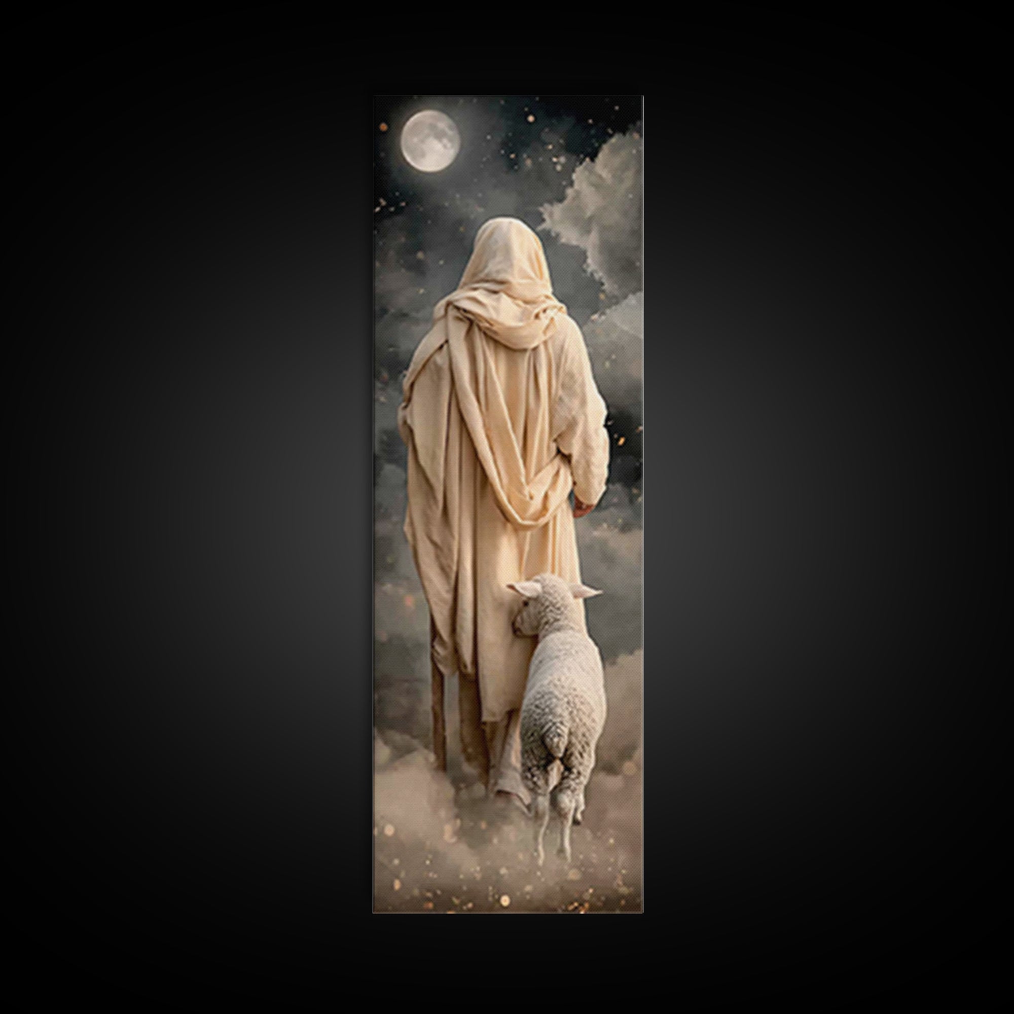 Moonlit Shepherd Walk | Framed Canvas Print | Narrow Art | Christian Wall Art | Jesus Painting | Christian Art Canvas | Christian Art