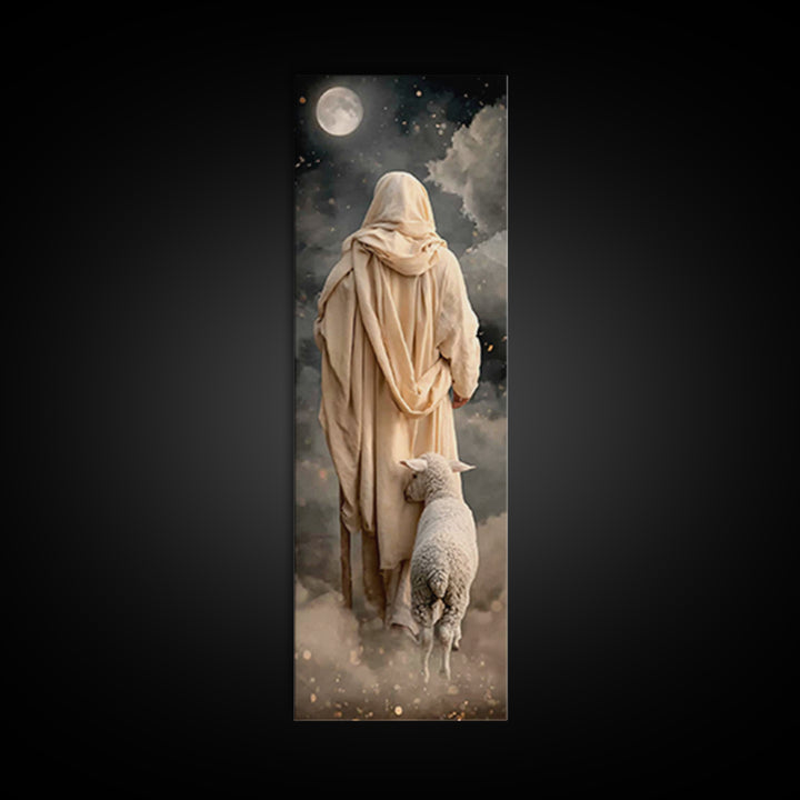 Moonlit Shepherd Walk | Framed Canvas Print | Narrow Art | Christian Wall Art | Jesus Painting | Christian Art Canvas | Christian Art