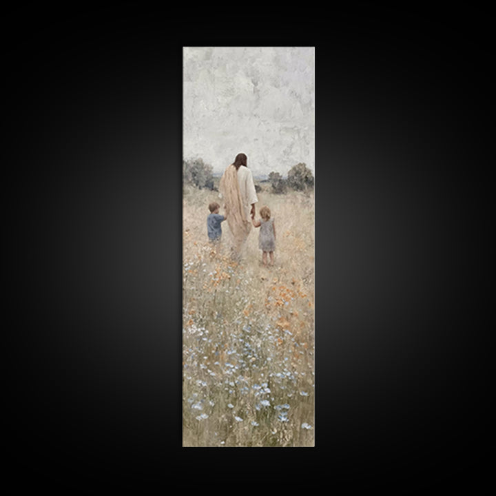 The Meadow Shepherd's Peace - Framed Canvas Print - Tall Narrow Wall Art - Christian Wall Art - Jesus Painting - Christian Art Canvas