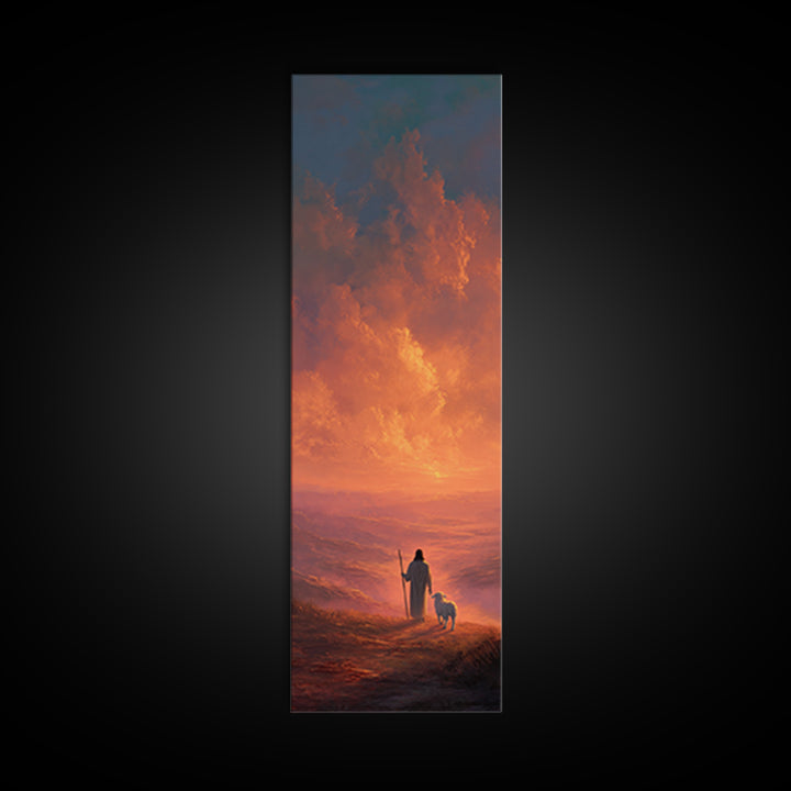 Crimson Sky Shepherd - Framed Canvas Print - Tall Narrow Wall Art - Christian Art - Christian Canvas Art - Jesus Painting - Christian Gift