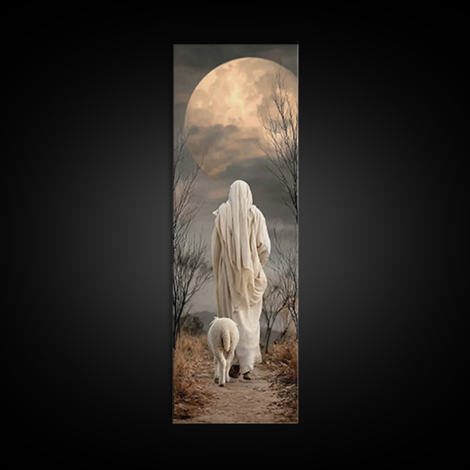 Moonlit Shepherd Peace | Framed Canvas Print | Christian Wall Art | Christian Art Canvas | Jesus Painting | Christian Decor | Tall Narrow W