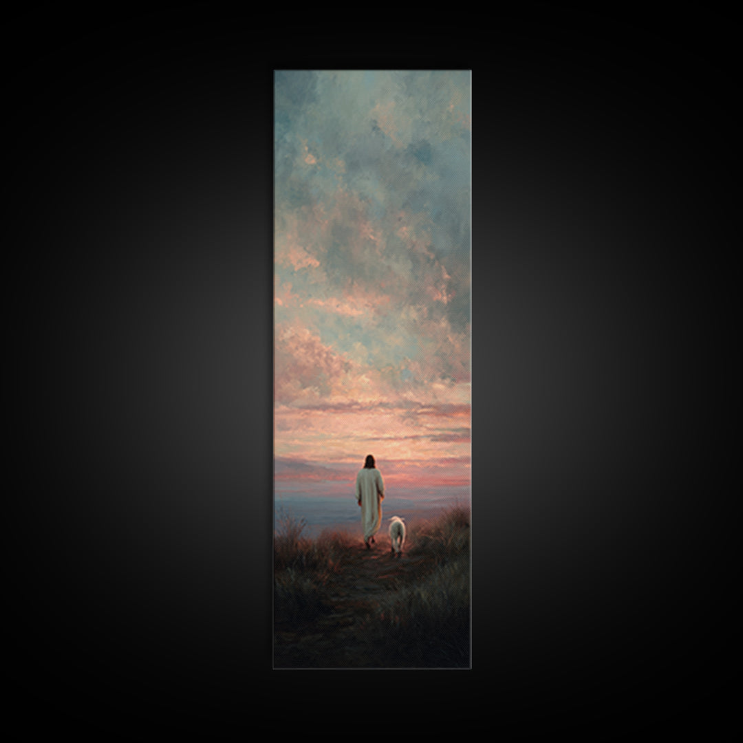 Crimson Dawn Journey | Framed Canvas Print | Christian Art Canvas | Jesus Painting | Christian Wall Art | Christian Christmas Art | Tall Sk